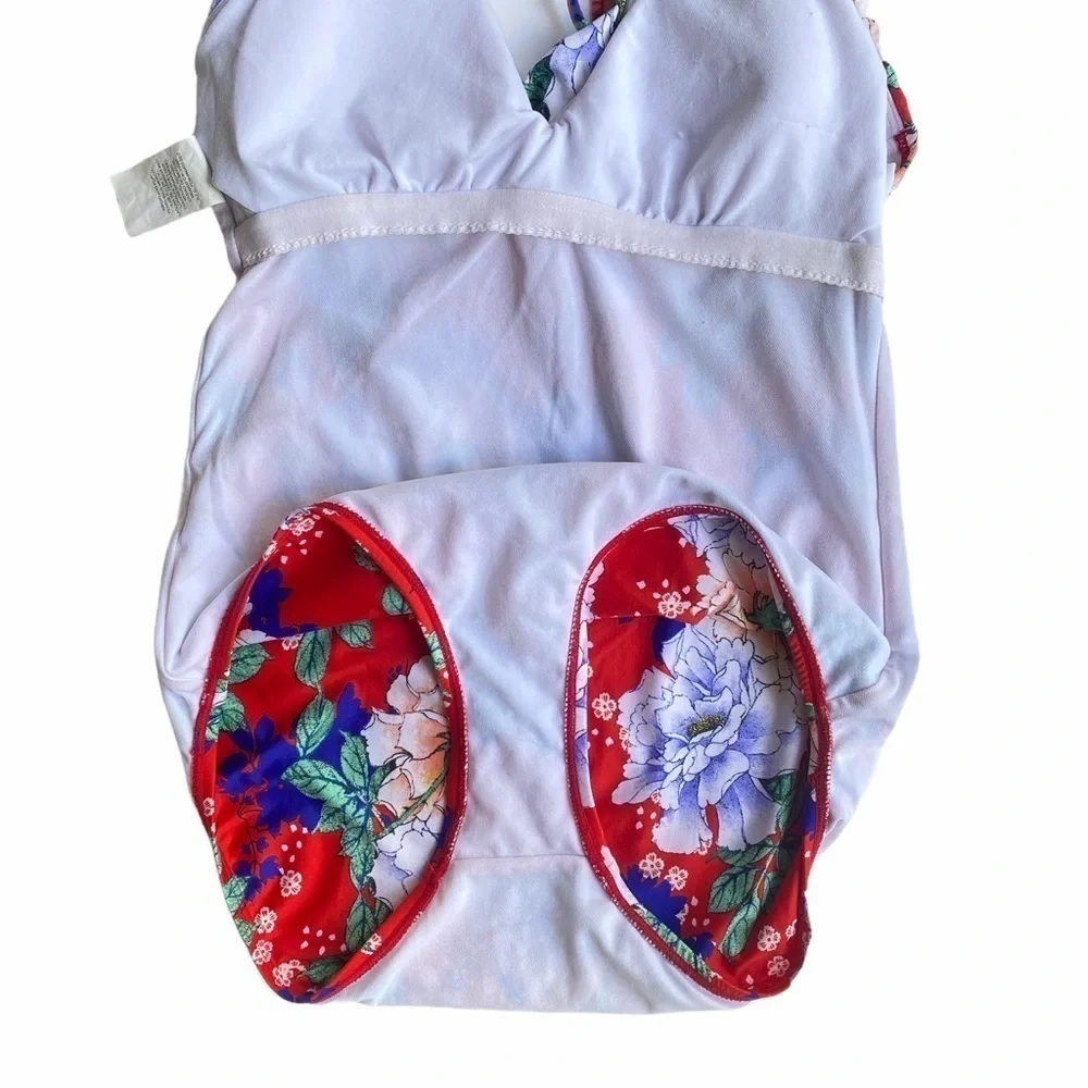 Cleanwater red multicolor floral print one piece halter ruffle bathing suit